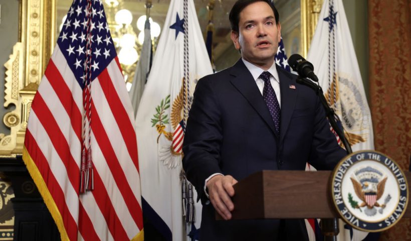WASHINGTON, DC - JANUARY 21: Newly confirmed U.S. Secretary of State Marco Rubio speaks during a swearing-in ceremony at the Vice President’s ceremonial office at Eisenhower Executive Office Building January 21, 2025 in Washington, DC. Rubio has been sworn in as the 72nd U.S. Secretary of State. (Photo by Alex Wong/Getty Images)