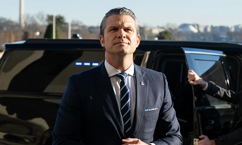 US Defense Secretary Pete Hegseth speaks with the media as he arrives on his first official day at the Pentagon in Washington, DC on January 27, 2025. (Photo by SAUL LOEB / AFP) (Photo by SAUL LOEB/AFP via Getty Images)