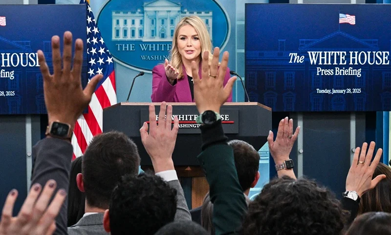 White House Press Secretary Karoline Leavitt takes questions during the daily briefing in the Brady Briefing Room of the White House in Washington, DC, on January 28, 2025. At 27-years-old, Leavitt is the youngest White House Press Secretary in history. (Photo by Roberto SCHMIDT / AFP) (Photo by ROBERTO SCHMIDT/AFP via Getty Images)
