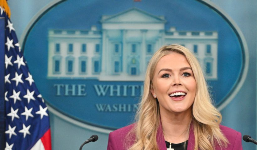 White House Press Secretary Karoline Leavitt speaks during the daily briefing in the Brady Briefing Room of the White House in Washington, DC, on January 28, 2025. (Photo by ROBERTO SCHMIDT / AFP) (Photo by ROBERTO SCHMIDT/AFP via Getty Images)