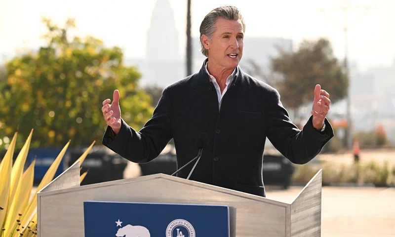 California Governor Gavin Newsom speaks during an announcement of "LA Rises," a new public-private philanthropic initiative to support Los Angeles area wildfire recovery during a press conference at Dodger Stadium in Los Angeles, California on January 28, 2025. (Photo by Patrick T. Fallon / AFP) (Photo by PATRICK T. FALLON/AFP via Getty Images)