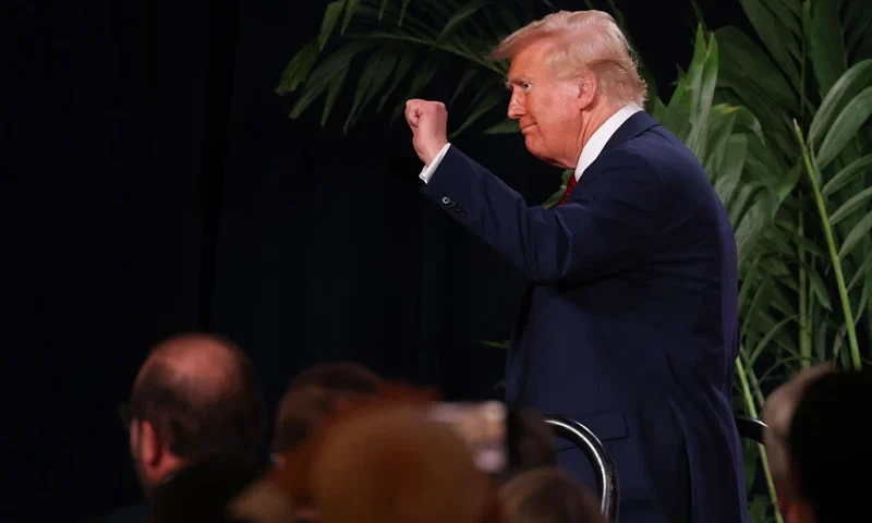 DORAL, FLORIDA - JANUARY 27: U.S. President Donald Trump leaves after addressing the 2025 Republican Issues Conference at the Trump National Doral Miami on January 27, 2025 in Doral, Florida. The three-day planning session was expected to lay out Trump's ambitious legislative agenda. (Photo by Joe Raedle/Getty Images)