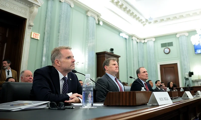 WASHINGTON, DC - JANUARY 28: (L-R) Chairman of the Federal Maritime Commission (FMC) Louis Sola, FMC Commissioner Daniel Maffei and President and CEO of the World Shipping Council Joseph Kramek testify during a Senate Commerce, Science, and Transportation Committee hearing in the Russell Senate Office Building on January 28, 2025 in Washington, DC. The Committee held a hearing on the Panama Canal and its impact on U.S. trade and national security, focusing on fees and foreign influence. (Photo by Kevin Dietsch/Getty Images)