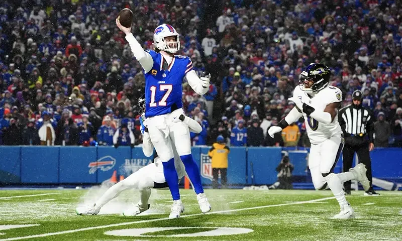 Buffalo Bills quarterback Josh Allen (17) throws a pass during the third quarter against the Baltimore Ravens in a 2025 AFC divisional round game at Highmark Stadium. Mandatory Credit: Gregory Fisher-Imagn Images/File Photo