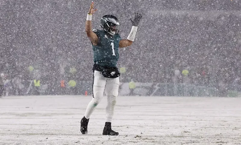 Philadelphia Eagles quarterback Jalen Hurts (1) reacts on the field in the second half against the Los Angeles Rams in a 2025 NFC divisional round game at Lincoln Financial Field. Mandatory Credit: Bill Streicher-Imagn Images TPX IMAGES OF THE DAY