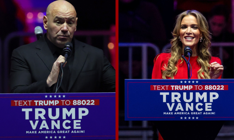 L: WASHINGTON, DC - JANUARY 19: UFC CEO Dana White speaks at President-elect Donald Trump's Victory Rally at the Capital One Arena on January 19, 2025 in Washington, DC. Trump will be sworn in as the 47th U.S. president on January 20. (Photo by Scott Olson/Getty Images) R: Journalist Megyn Kelly speaks during a rally with US President-elect Donald Trump, not pictured, at Capital One Arena ahead of the 60th presidential inauguration in Washington, DC, US, on Sunday, Jan. 19, 2025. Monday's presidential inauguration promises to be one of the coldest on record, prompting US officials to move the ceremony indoors to the Capitol Rotunda. Photographer: Al Drago/Bloomberg via Getty Images