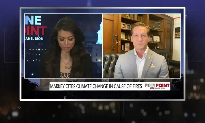 Video still from Fine Point on One America News Network showing a split screen of the host on the left side, and on the right side is the guest, Dr. Rich McCormick.