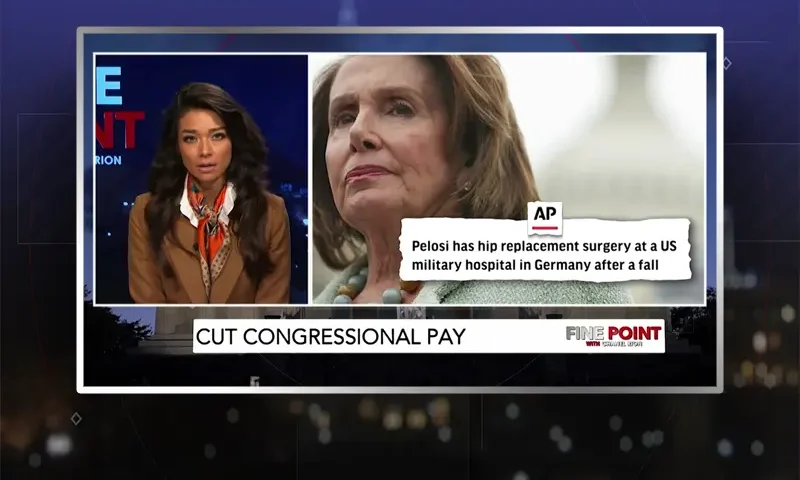 Video still of the host of Fine Point at the desk of their talk show on One America News Network.