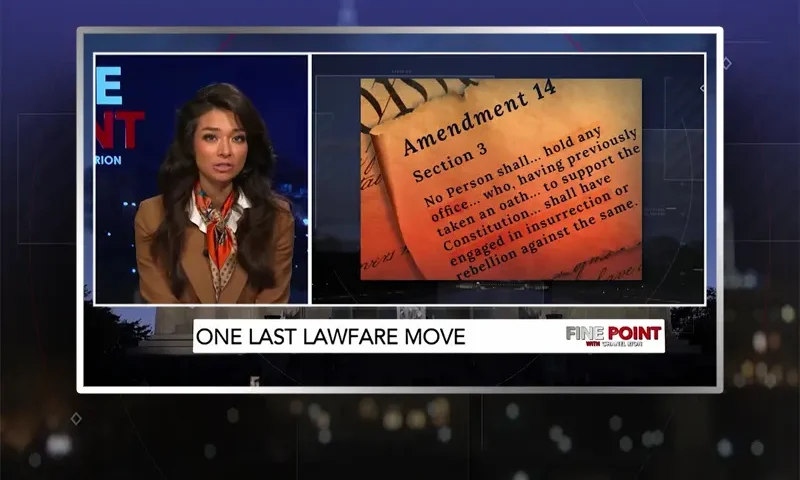 Video still of the host of Fine Point at the desk of their talk show on One America News Network.