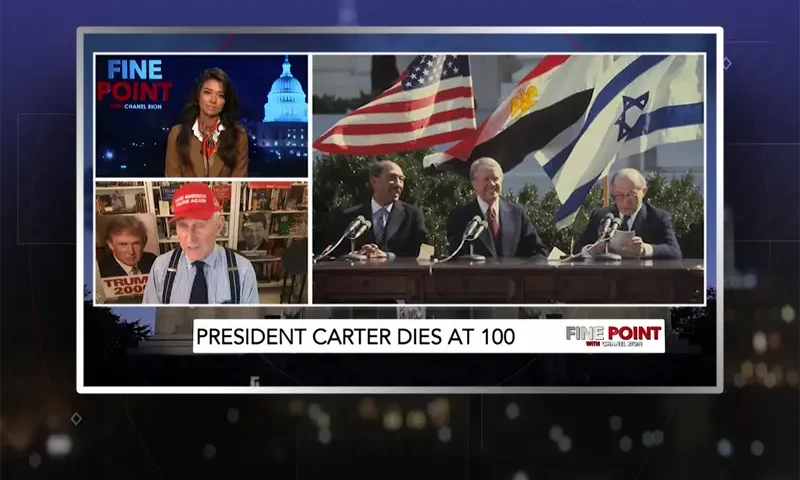Video still from Fine Point on One America News Network during an interview with the guest, Roger Stone.