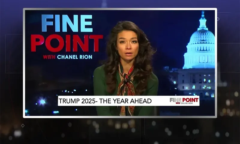 Video still of the host of Fine Point at the desk of their talk show on One America News Network.