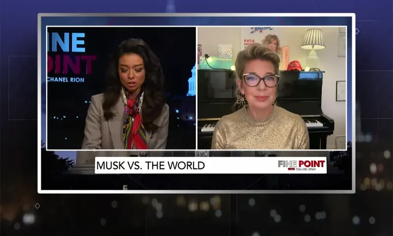 Video still from Fine Point on One America News Network showing a split screen of the host on the left side, and on the right side is the guest, Katie Hopkins.