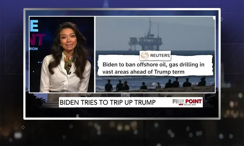Video still of the host of Fine Point at the desk of their talk show on One America News Network.