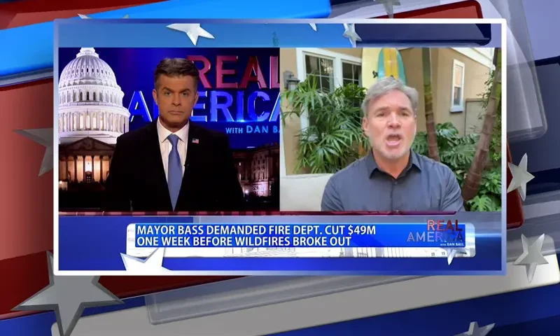 Video still from Real America on One America News Network showing a split screen of the host on the left side, and on the right side is the guest, Jack Hibbs.