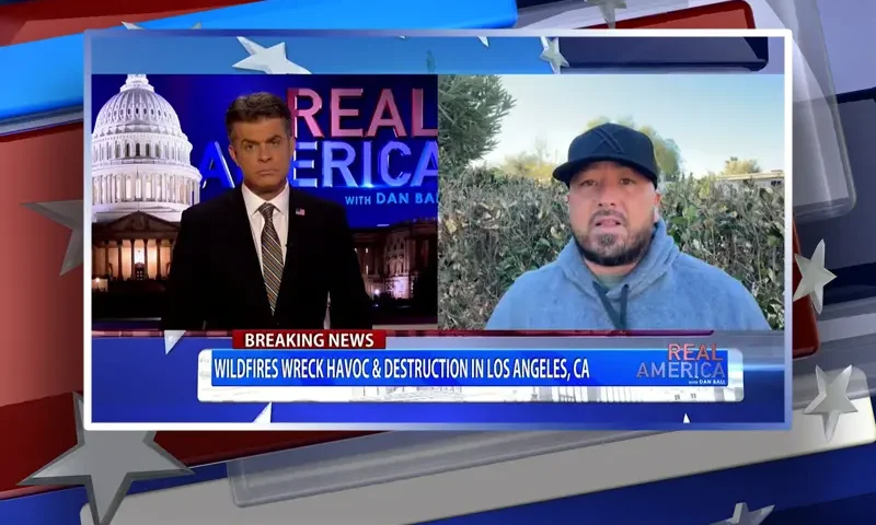 Video still from Real America on One America News Network showing a split screen of the host on the left side, and on the right side is the guest, Anthony Aguero.
