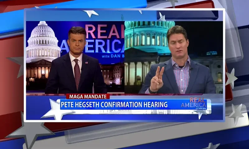 Video still from Real America on One America News Network showing a split screen of the host on the left side, and on the right side is the guest, Bill Brown.
