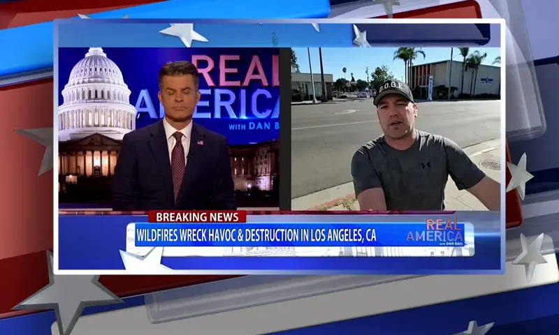 Video still from Real America on One America News Network showing a split screen of the host on the left side, and on the right side is the guest, Diligent Denizen.