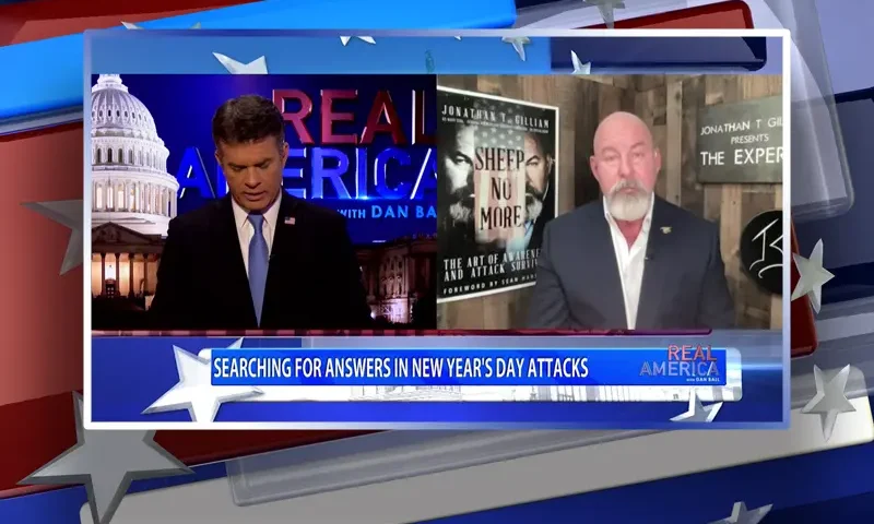 Video still from Real America on One America News Network showing a split screen of the host on the left side, and on the right side is the guest, Jonathan Gilliam.