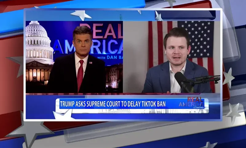 Video still from Real America on One America News Network showing a split screen of the host on the left side, and on the right side is the guest, Ryan Fournier.