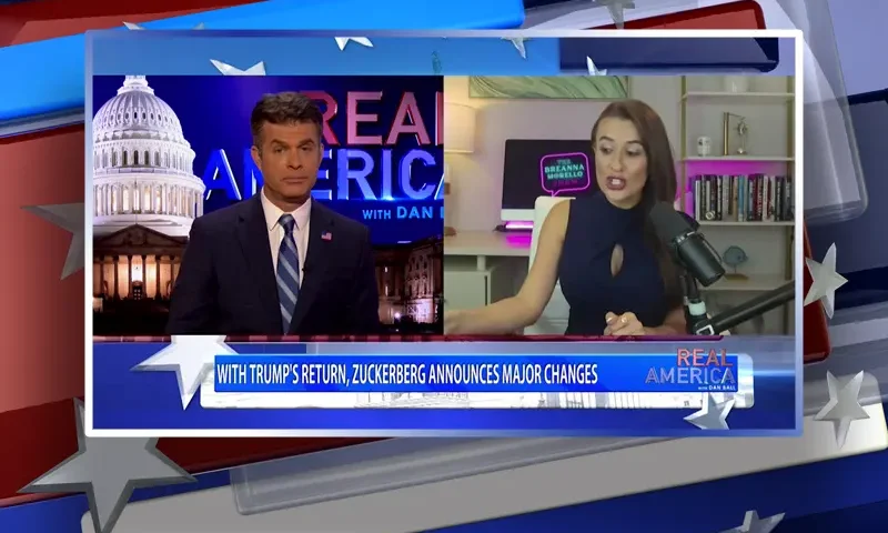 Video still from Real America on One America News Network showing a split screen of the host on the left side, and on the right side is the guest, Breanna Morello.