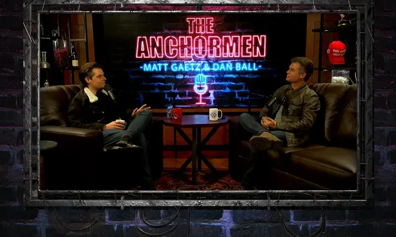 Video still from The Anchormen on One America News Network showing a split screen with Matt Gaetz on the left side, and on the right side is Dan Ball .