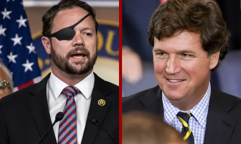 L| Rep. Dan Crenshaw (R-TX) speaks during a press conference on Capitol Hill on June 26, 2024 in Washington, DC. Republicans in the House are attempting to hold Attorney General Derrick Garland in contempt of Congress after he advised that President Biden assert Executive Privilege over the audio and video records of his interview with Special Counsel Robert Hur. (Photo by Samuel Corum/Getty Images) R| Political commentator Tucker Carlson attends the inauguration ceremony of US President-elect Donald Trump in the US Capitol Rotunda in Washington, DC, on January 20, 2025. (Photo by SHAWN THEW / POOL / AFP) (Photo by SHAWN THEW/POOL/AFP via Getty Images)