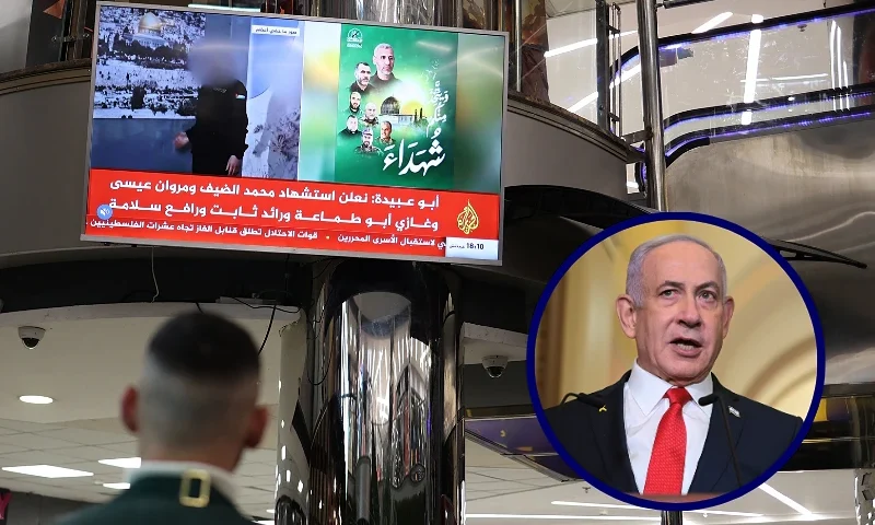(L) A Palestinian man watches news on TV in a cafe in Nablus city in the Israel-occupied West Bank on January 30, 2025, after a spokesman for Hamas' armed wing announced the death of its military chief Mohammed Deif. (Photo by ZAIN JAAFAR/AFP via Getty Images) / (R) Israeli Prime Minister Benjamin Netanyahu delivers remarks. (Photo by Kayla Bartkowski/Getty Images)
