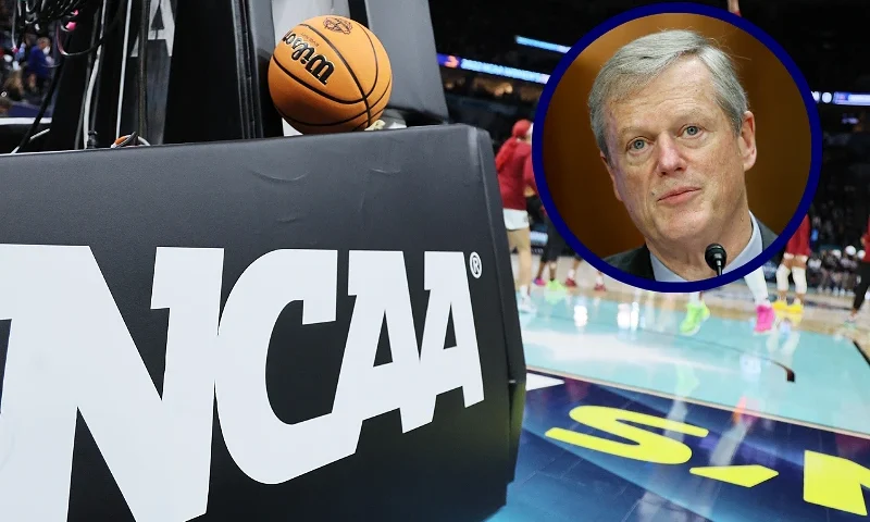 (L) MINNEAPOLIS, MINNESOTA - APRIL 03: The NCAA logo and a game ball as the South Carolina Gamecocks warm-up before the game against the UConn Huskies during the 2022 NCAA Women's Basketball Tournament National Championship game at Target Center on April 03, 2022 in Minneapolis, Minnesota. (Photo by Andy Lyons/Getty Images) / (R) WASHINGTON, DC - DECEMBER 17: President of the National Collegiate Athletic Association (NCAA) Charlie Baker testifies before the Senate Judicary Committee in the Dirksen Senate Office Building on December 17, 2024 in Washington, DC. The Committee held a hearing to investigate sports gambling. (Photo by Kevin Dietsch/Getty Images)