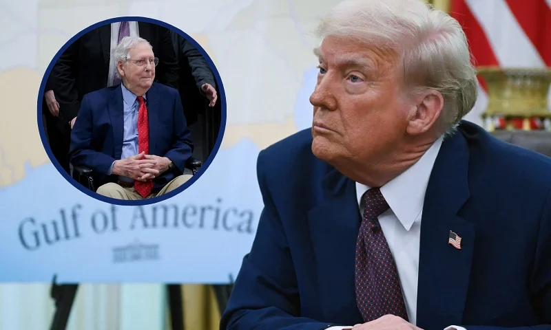 (L) WASHINGTON, DC - FEBRUARY 12: U.S. Sen. Mitch McConnell (R-KY) goes through the Senate Subway during a series of confirmation votes for U.S. President Donald Trump's cabinet nominees at the U.S. Capitol Building on February 12, 2025 in Washington, DC. The Senate voted to confirm Tulsi Gabbard as Director of National Intelligence and completed a procedural vote for the confirmation of Robert F. Kennedy Jr. as Secretary of Health and Human Services. (Photo by Anna Moneymaker/Getty Images) / (R) US President Donald Trump speaks in the Oval Office of the White House as he announces reciprocal tariffs, in Washington, DC, on February 13, 2025. Trump announced that he would impose "reciprocal tariffs" on trading partners, opening new fronts in his trade war. The move would match US tariff rates on imports to the levels that other countries impose on US goods. (Photo by ANDREW CABALLERO-REYNOLDS / AFP) (Photo by ANDREW CABALLERO-REYNOLDS/AFP via Getty Images)