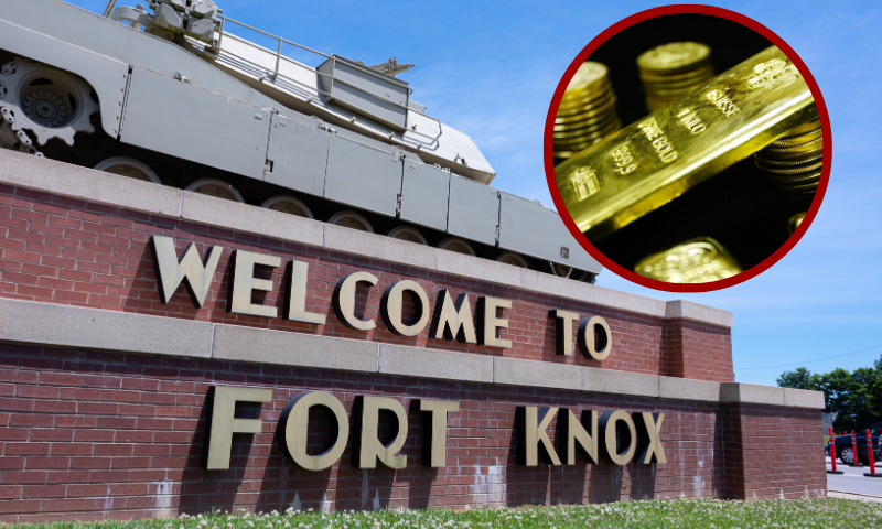 (L) FORT KNOX, KY - MAY 31: An M1 Abrams tank sits on a pedestal above the entrance signage to Fort Knox, a US military installation, on May 31, 2021 in Fort Knox, Kentucky. Fort Knox spans 108,955 acres across Hardin, Meade and Bullitt counties. Fort Knox is home to a daytime population of about 25,200 soldiers, civilian employees and family members. (Photo by Jon Cherry/Getty Images) / (R)NEW YORK - JANUARY 9: Gold bullion bars and coins are seen for sale at Manfra, Tordella and Brookes, Inc. January 9, 2003 in New York City. The price of gold has risen by nearly 30 percent over the past year with investors looking for stability as war with Iraq has become more likely. (Photo by Mario Tama/Getty Images)