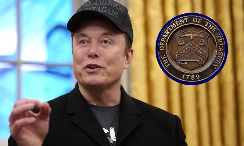 (L) WASHINGTON, DC - FEBRUARY 11: Tesla and SpaceX CEO Elon Musk delivers remarks as he joins U.S. President Donald Trump during an executive order signing in the Oval Office at the White House on February 11, 2025 in Washington, DC. Trump is to sign an executive order implementing the Department of Government Efficiency’s (DOGE) "workforce optimization initiative," which, according to Trump, will encourage agencies to limit hiring and reduce the size of the federal government. (Photo by Andrew Harnik/Getty Images) / (R) WASHINGTON, DC - MARCH 13: A seal on the exterior of the U.S. Department of Treasury building is seen as they joined other government financial institutions to bail out Silicon Valley Bank's account holders after it collapsed on March 13, 2023 in Washington, DC. U.S. President Joe Biden tried to assure the public that the U.S. banking industry was safe following SVB's collapse and after New York regulators' forced closure of Signature Bank. (Photo by Chip Somodevilla/Getty Images)