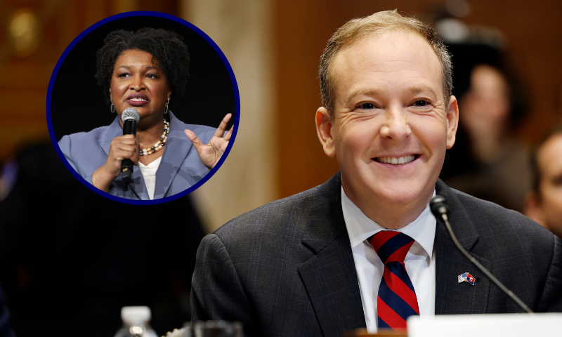(L) Stacey Abrams speaks during the 2024 ESSENCE Festival Of Culture in New Orleans, Louisiana. (Photo by Arturo Holmes/Getty Images for ESSENCE) / (R) WASHINGTON, DC - JANUARY 16: Former Rep. Lee Zeldin (R-NY), U.S. President-elect Donald Trump’s nominee to be Administrator of the Environmental Protection Agency, speaks during his Senate Environment and Public Works confirmation hearing on Capitol Hill on January 16, 2025 in Washington, DC. During the hearing Zeldin was questioned on his environmental record and how he would lead the agency to combat climate change. (Photo by Anna Moneymaker/Getty Images)