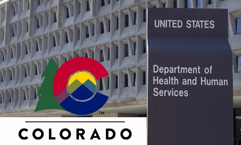 (L) Colorado state logo. (Logo graphic via: co.colorado.gov/) / (R) Washington, UNITED STATES: The US Department of Health and Human Services building is shown in Washington, DC, 21 July 2007. The department, which began operations in 1980, has more than 67,000 employees. AFP PHOTO/Saul LOEB (Photo credit should read SAUL LOEB/AFP via Getty Images)