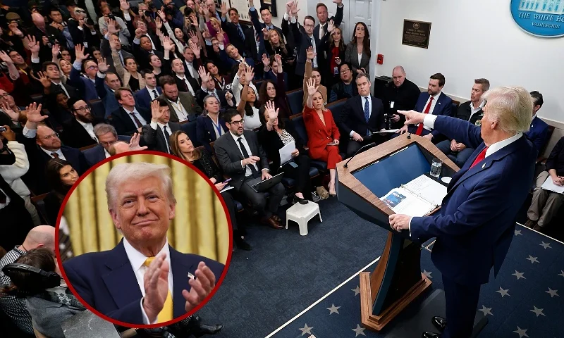 (L) WASHINGTON, DC - FEBRUARY 21: U.S. President Donald Trump applauds after Howard Lutnick was sworn in as U.S. Commerce Secretary in the Oval Office at the White House on February 21, 2025 in Washington, DC. Lutnick, the former CEO of Cantor Fitzgerald and BGC Group, was confirmed by the Senate 51 to 45. Vice President JD Vance and Lutnick's wife Allison Lutnick also attended. (Photo by Win McNamee/Getty Images) / (R) WASHINGTON, DC - JANUARY 30: U.S. President Donald Trump calls on reporters during a press conference about the collision of an American Airlines flight with a military helicopter near Ronald Reagan National Airport in the Brady Press Briefing Room at the White House on January 30, 2025 in Washington, DC. Officials said they believe that all 64 people on the commercial jet and the three service members on the U.S. Army helicopter perished when they collided in midair and crashed into the Potomac River airport outside Washington, D.C. on Wednesday. (Photo by Chip Somodevilla/Getty Images)