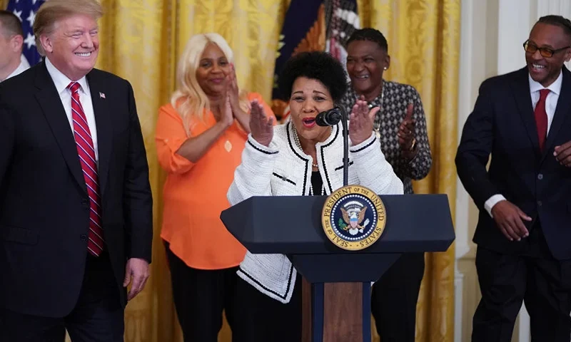 WASHINGTON, DC - APRIL 01: Alice Marie Johnson, who had her sentence commuted by U.S. President Donald Trump (L) after serving 21 years in prison for cocaine trafficking, thanks the press during a celebration of the First Step Act in the East Room of the White House April 01, 2019 in Washington, DC. The First Step Act passed Congress with bipartisan support in December 2018, with more than 500 inmates released as a result. Trump praised the reform legislation as proof that the United States "believes in redemption." (Photo by Chip Somodevilla/Getty Images)