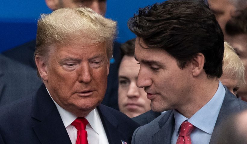 HERTFORD, ENGLAND - DECEMBER 04: U.S. President Donald Trump (L) ad Canadian Prime Minister Justin Trudeau (R) attend the NATO summit at the Grove Hotel on December 4, 2019 in Watford, England. France and the UK signed the Treaty of Dunkirk in 1947 in the aftermath of WW2 cementing a mutual alliance in the event of an attack by Germany or the Soviet Union. The Benelux countries joined the Treaty and in April 1949 expanded further to include North America and Canada followed by Portugal, Italy, Norway, Denmark and Iceland. This new military alliance became the North Atlantic Treaty Organisation (NATO). The organisation grew with Greece and Turkey becoming members and a re-armed West Germany was permitted in 1955. This encouraged the creation of the Soviet-led Warsaw Pact delineating the two sides of the Cold War. This year marks the 70th anniversary of NATO. (Photo by Dan Kitwood/Getty Images)