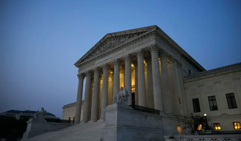 WASHINGTON, DC - JUNE 28: The U.S. Supreme Court is shown at dusk on June 28, 2023 in Washington, DC. The high court is expected to release more opinions tomorrow ahead of its summer recess, with cases involving affirmative action and student loan debt relief still to be decided. (Photo by Drew Angerer/Getty Images)