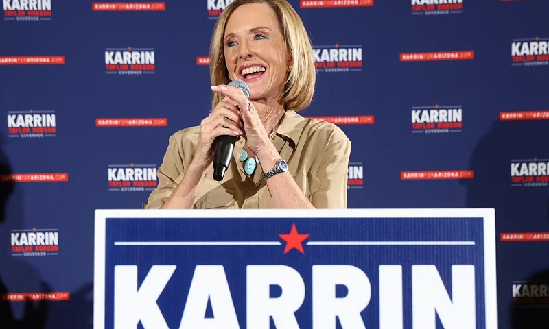 Republican gubernatorial candidate Karrin Taylor Robson speaks at a campaign rally on August 01, 2022 in Mesa, Arizona. Taylor Robson faces a tight primary race tomorrow against Republican challenger Kari Lake. (Photo by Justin Sullivan/Getty Images)