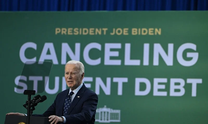 US President Joe Biden speaks about student loan relief at Madison College in Madison, Wisconsin, on April 8, 2024. (Photo by ANDREW CABALLERO-REYNOLDS / AFP) (Photo by ANDREW CABALLERO-REYNOLDS/AFP via Getty Images)