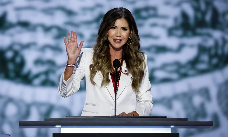 MILWAUKEE, WISCONSIN - JULY 15: South Dakota Gov. Kristi Noem speaks on stage on the first day of the Republican National Convention at the Fiserv Forum on July 15, 2024 in Milwaukee, Wisconsin. (Photo by Chip Somodevilla/Getty Images)