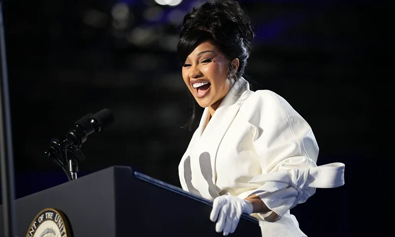 WEST ALLIS, WISCONSIN - NOVEMBER 01: Cardi B speaks during a campaign rally for Democratic presidential nominee, U.S. Vice President Kamala Harris at the Wisconsin State Fair Park Exposition Center on November 1, 2024 in West Allis, Wisconsin. With four days until election day, Vice President Kamala Harris is campaigning in Wisconsin. (Photo by Andrew Harnik/Getty Images)