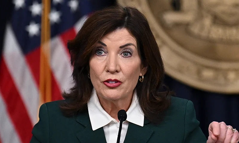 New York Governor Kathy Hochul speaks during a press conference regarding congestion pricing in New York City on November 14, 2024. New York said Thursday it will revive a controversial scheme to charge drivers entering parts of the city, a first in the United States, putting local authorities on a collision course with President-elect Donald Trump. (Photo by ANGELA WEISS / AFP) (Photo by ANGELA WEISS/AFP via Getty Images)