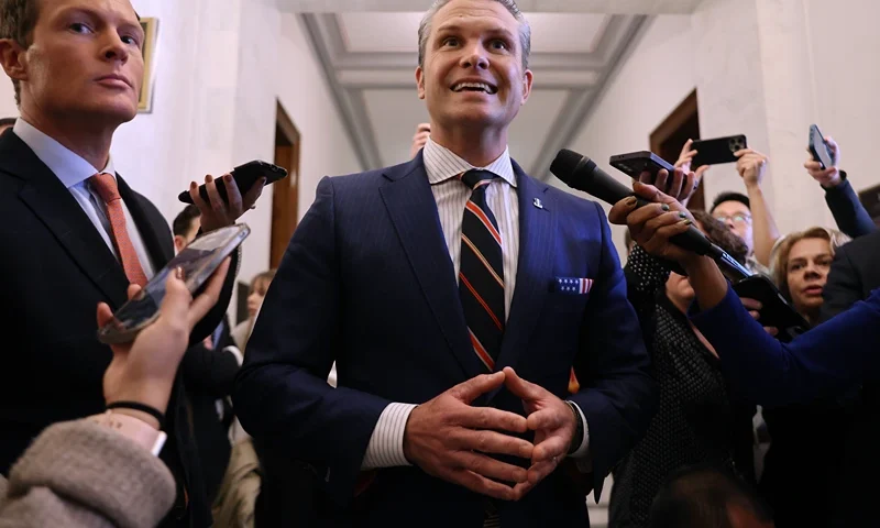 WASHINGTON, DC - NOVEMBER 21: Pete Hegseth pauses to talk to reporters after a series of meetings with senators in the Russell Senate Office Building on Capitol Hill on November 21, 2024 in Washington, DC. Hegseth was nominated by President-elect Donald Trump to be the next secretary of Defense. (Photo by Chip Somodevilla/Getty Images)