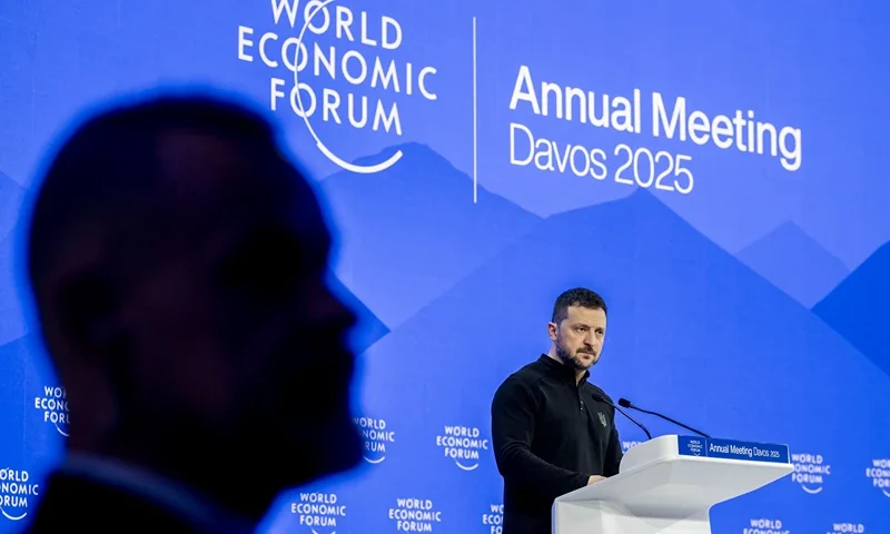 Ukraine's President Volodymyr Zelensky delivers a speech during the World Economic Forum (WEF) annual meeting in Davos on January 21, 2025. (Photo by FABRICE COFFRINI / AFP) (Photo by FABRICE COFFRINI/AFP via Getty Images)