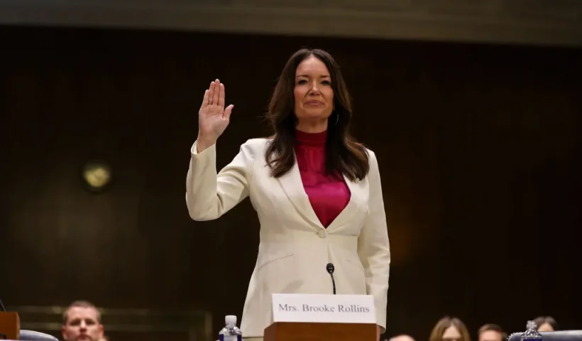 WASHINGTON, DC - JANUARY 23: Brooke Rollins, President Donald Trump's nominee to be Agriculture Secretary, is sworn in during her Senate Agriculture, Nutrition and Forestry Committee confirmation hearing in the Dirksen building on January 23, 2025 in Washington, DC. Rollins is currently the President and CEO of the America First Policy Institute, a conservative think tank established in 2021 to advocate for Trump’s economic policies. (Photo by Kayla Bartkowski/Getty Images)