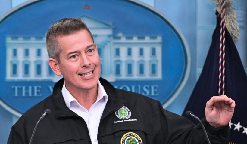 US Secretary of Transportation Sean Duffy speaks during a briefing about the mid-air crash between American Airlines flight 5342 and a military helicopter in Washington, in the Brady Press Briefing Room at the White House on January 30, 2025 in Washington, DC. Divers pulled bodies from the icy waters of Washington's Potomac river Thursday after a US military helicopter collided midair with a passenger plane carrying 64 people, with officials saying there were likely no survivors. (Photo by ROBERTO SCHMIDT / AFP) (Photo by ROBERTO SCHMIDT/AFP via Getty Images)