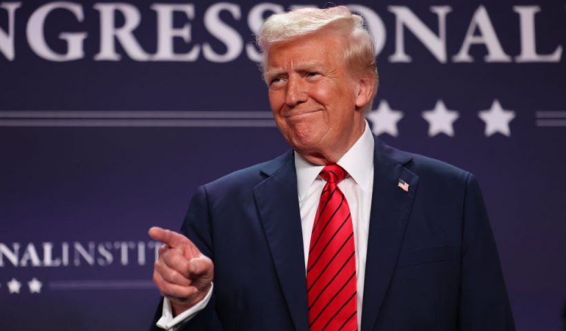 DORAL, FLORIDA - JANUARY 27: U.S. President Donald Trump acknowledges the crowd before addressing the 2025 Republican Issues Conference at the Trump National Doral Miami on January 27, 2025 in Doral, Florida. The three-day planning session was expected to lay out Trump's ambitious legislative agenda. (Photo by Joe Raedle/Getty Images)