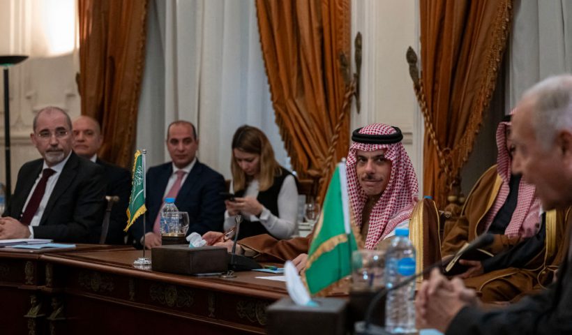 Jordan's Foreign Minister Ayman Safadi (L) and Saudi Minister of Foreign Afairs Faisal bin Farhan (R) take part in a meeting with ministers from Egypt, Qatar and the UAE, to discuss US President Donald Trump's proposal for Egypt and Jordan to host Palestinians displaced from the Gaza Strip, in Cairo on February 1, 2025. Trump insisted on January 28 that Egypt and Jordan would take in displaced Gazans, despite the two Arab nations dismissing his plan to move Palestinians from the territory, a day after Egyptian President Abdel Fattah al-Sisi and Jordan's King Abdullah II rejected any forced displacement of Gazans following the war between Hamas and Israel. (Photo by Khaled DESOUKI / AFP) (Photo by KHALED DESOUKI/AFP via Getty Images)