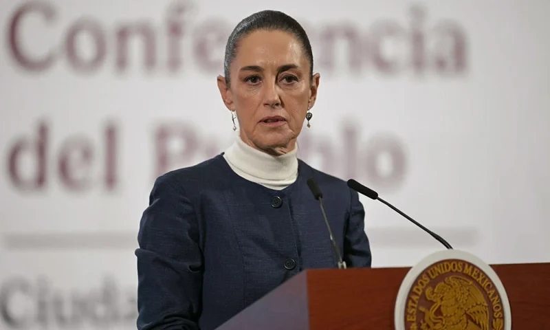 Mexico's President Claudia Sheinbaum speaks during her daily press conference at the National Palace in Mexico City on February 3, 2025. Sheinbaum said February 3, the US has agreed to pause the start of tariffs on Mexican goods for one month, after talks with her counterpart Donald Trump. (Photo by Yuri CORTEZ / AFP) (Photo by YURI CORTEZ/AFP via Getty Images)