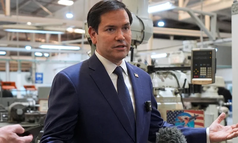 US Secretary of State Marco Rubio speaks to the media during a visit to the workshops of aircraft maintenance firm Aeroman in San Luis Talpa, El Salvador on February 3, 2025. (Photo by Mark Schiefelbein / POOL AP / AFP) (Photo by MARK SCHIEFELBEIN/POOL AP/AFP via Getty Images)